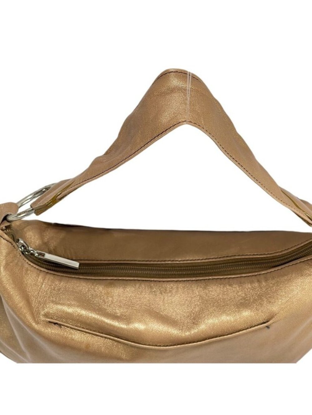 Bolsa Metallic Gold Lambskin Leather Shoulder Bag With Ultrasuede Lining Zip Clo - Picture 9 of 14